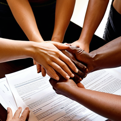 An empathetic and warm scene depicting diverse individuals offering multi-faceted support to a person recovering from trauma. A comforting hand reaches out, a legal document is subtly present, and a group forms a supportive circle, emphasizing connection and belonging. The atmosphere is one of hope and safety, illustrating the "first embrace" and the "community as a pillar of healing." Soft, inviting lighting, culturally resonant with Spanish-speaking communities.