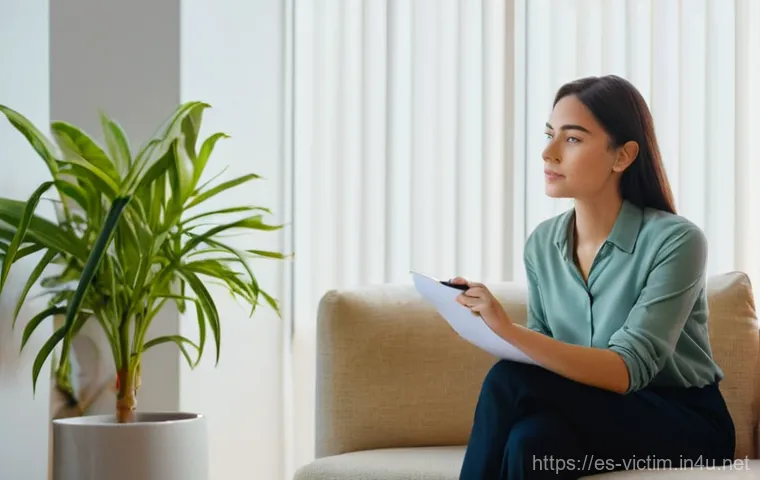 범죄 피해자 법적 대응 - **Prompt:** A young woman, appearing to be in her late 20s, sits comfortably on a plush sofa in a su...