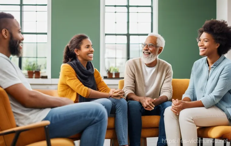 범죄 피해자 피해 유형별 지원 방식 - A diverse group of adults of various ages (all wearing casual, modest clothing like jeans, sweaters,...