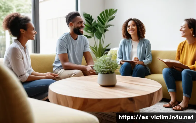 범죄 피해자 회복을 위한 심리 치료법 - A warm and inviting therapy group session in a cozy, sunlit room with diverse adults sitting in a ci...
