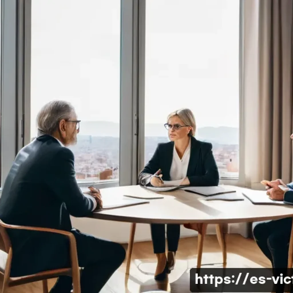 범죄 피해자와 가해자 간 법적 조정 절차 - A professional mediation session set in a modern legal office in Spain, featuring a diverse group of...