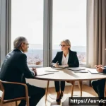 범죄 피해자와 가해자 간 법적 조정 절차 - A professional mediation session set in a modern legal office in Spain, featuring a diverse group of...