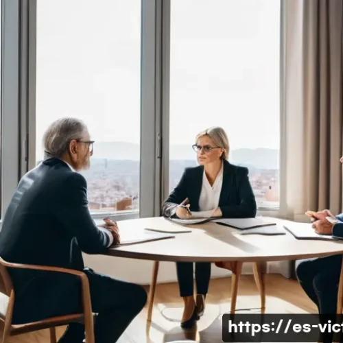 범죄 피해자와 가해자 간 법적 조정 절차 - A professional mediation session set in a modern legal office in Spain, featuring a diverse group of...