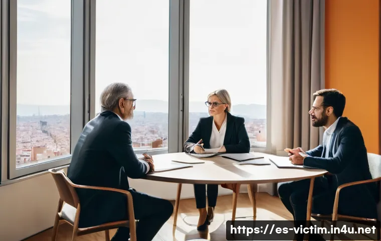 범죄 피해자와 가해자 간 법적 조정 절차 - A professional mediation session set in a modern legal office in Spain, featuring a diverse group of...