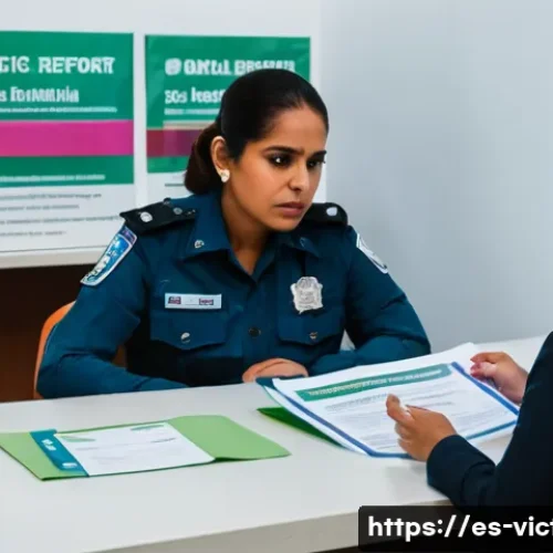 범죄 피해자 구조금 - A compassionate social worker assisting a Spanish-speaking victim of domestic violence in a bright, ...