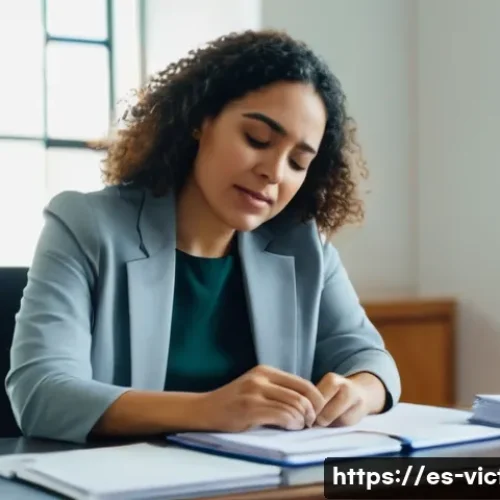 범죄 피해자 보호 조치와 법적 절차 - A compassionate social worker providing emotional support to a Hispanic woman victim during a judici...