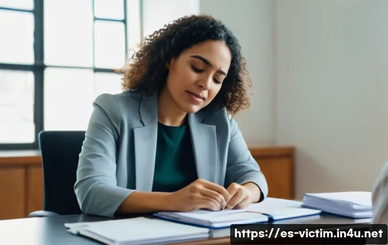 범죄 피해자 보호 조치와 법적 절차 - A compassionate social worker providing emotional support to a Hispanic woman victim during a judici...