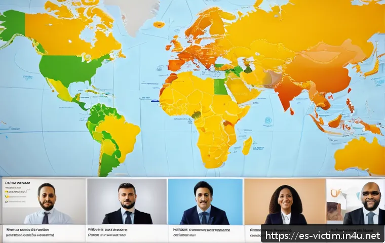 범죄 피해자 보호를 위한 국제 협력 - A detailed illustration of an international crisis response team coordinating across borders via vid...