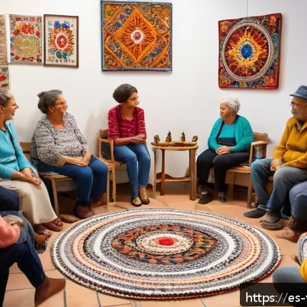 범죄 피해자 지원단체 활동 사례 - A warm, inviting community support group meeting in a modern Spanish-speaking urban center, with div...