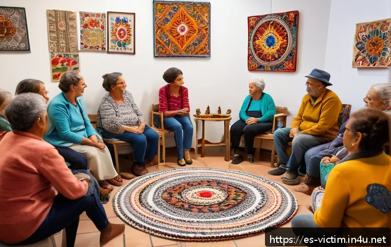 범죄 피해자 지원단체 활동 사례 - A warm, inviting community support group meeting in a modern Spanish-speaking urban center, with div...